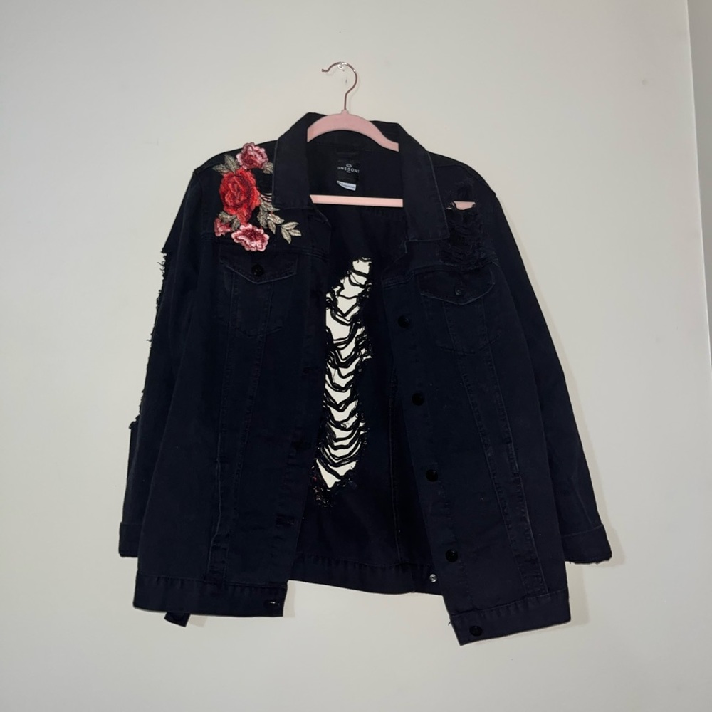 Distressed Jean Jacket with Roses